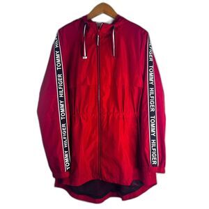 Tommy Hilfiger Logo Red Hooded Drawstring Waist Windbreaker Full Zip Size XL